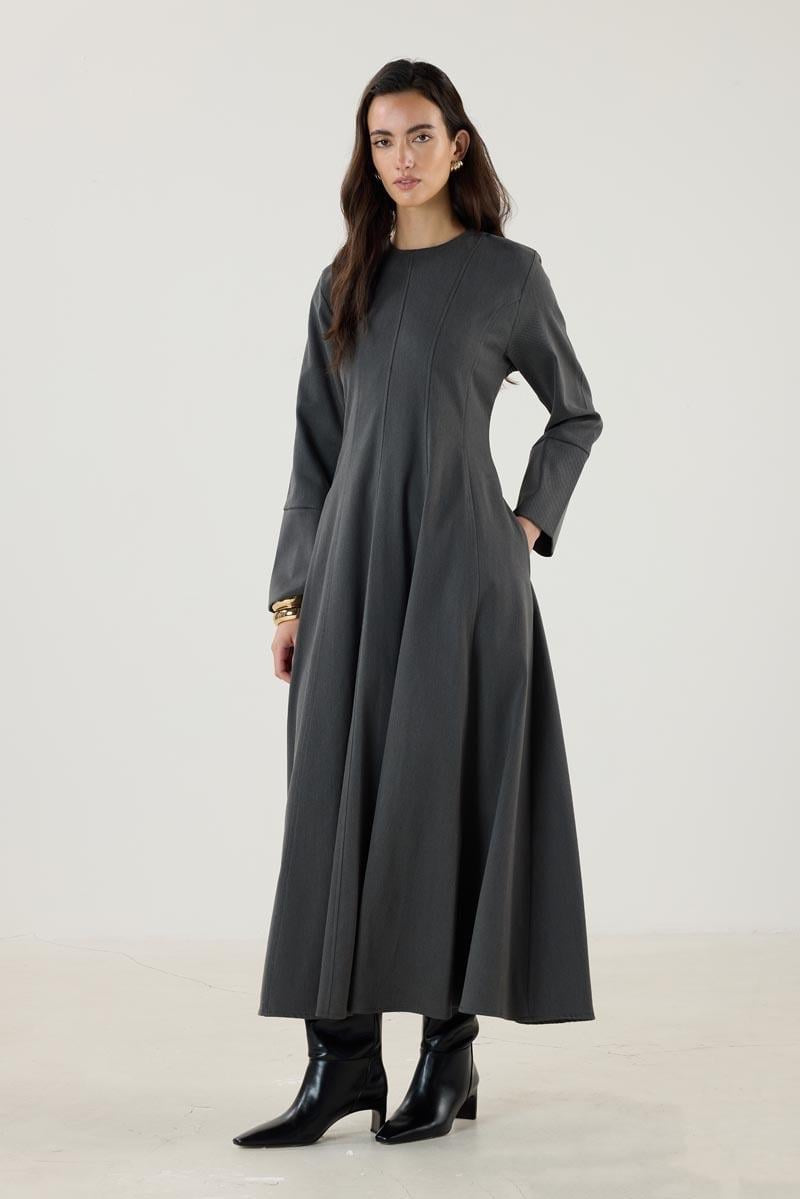 Anthracite Flared Dress with Wide Cuffs