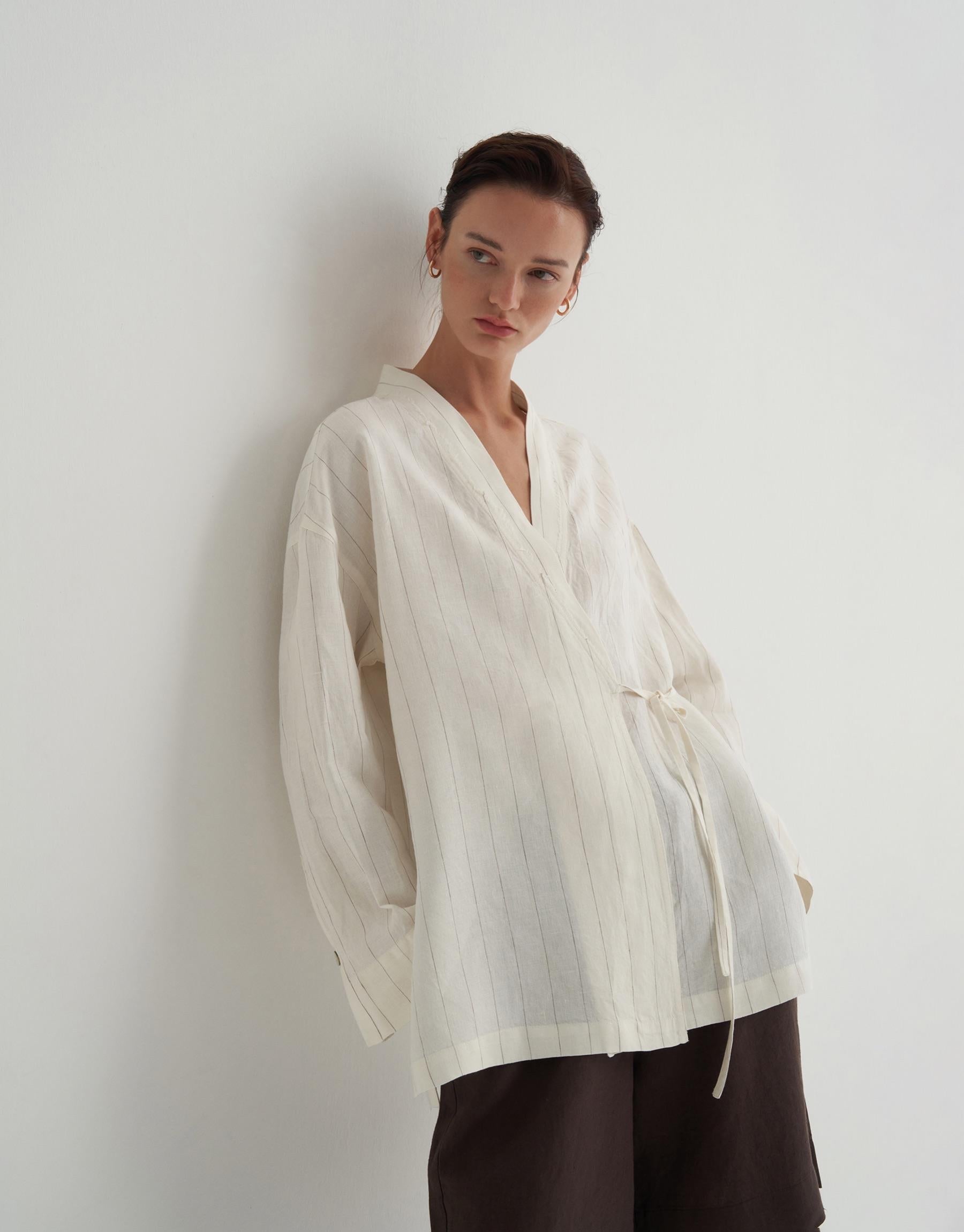 Kkdesign Linen Striped Kimono Ecru