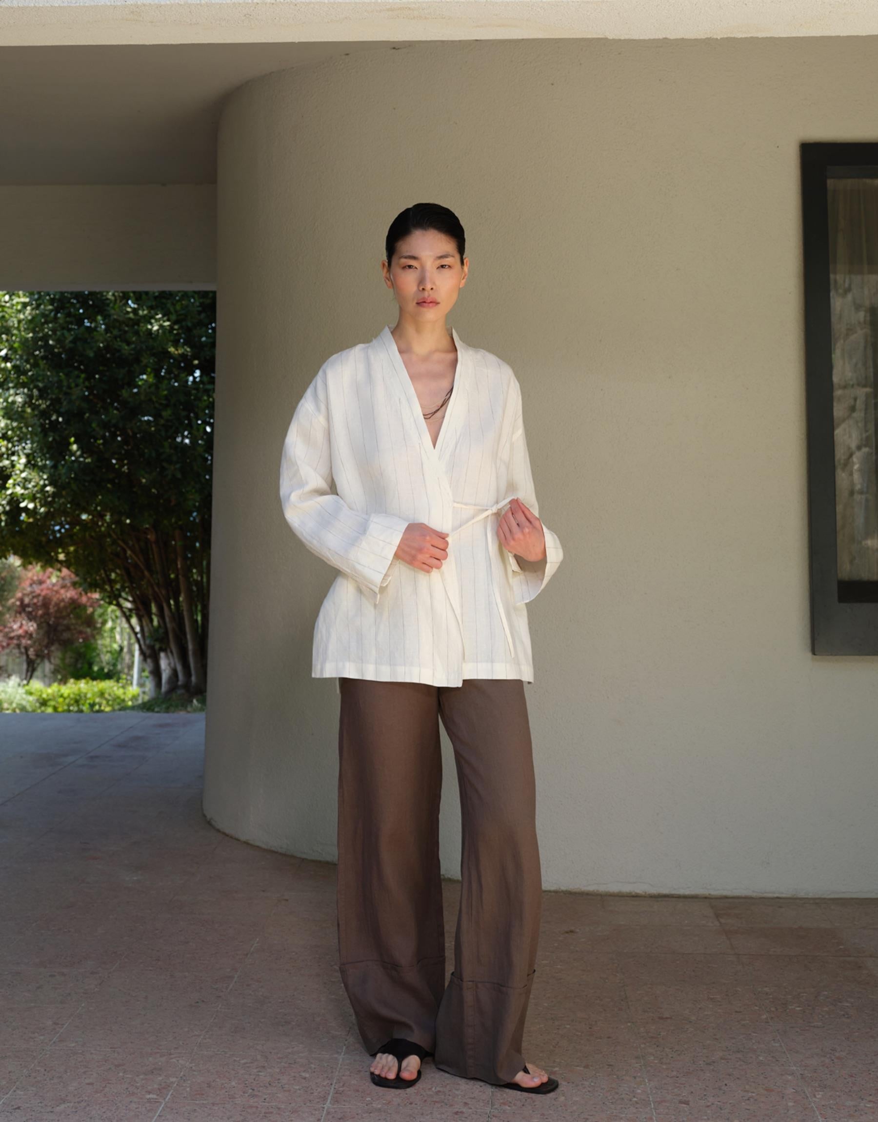 Kkdesign Linen Striped Kimono Ecru