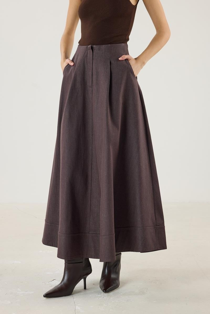 Brown Denim Skirt with Paneled Flared Hem