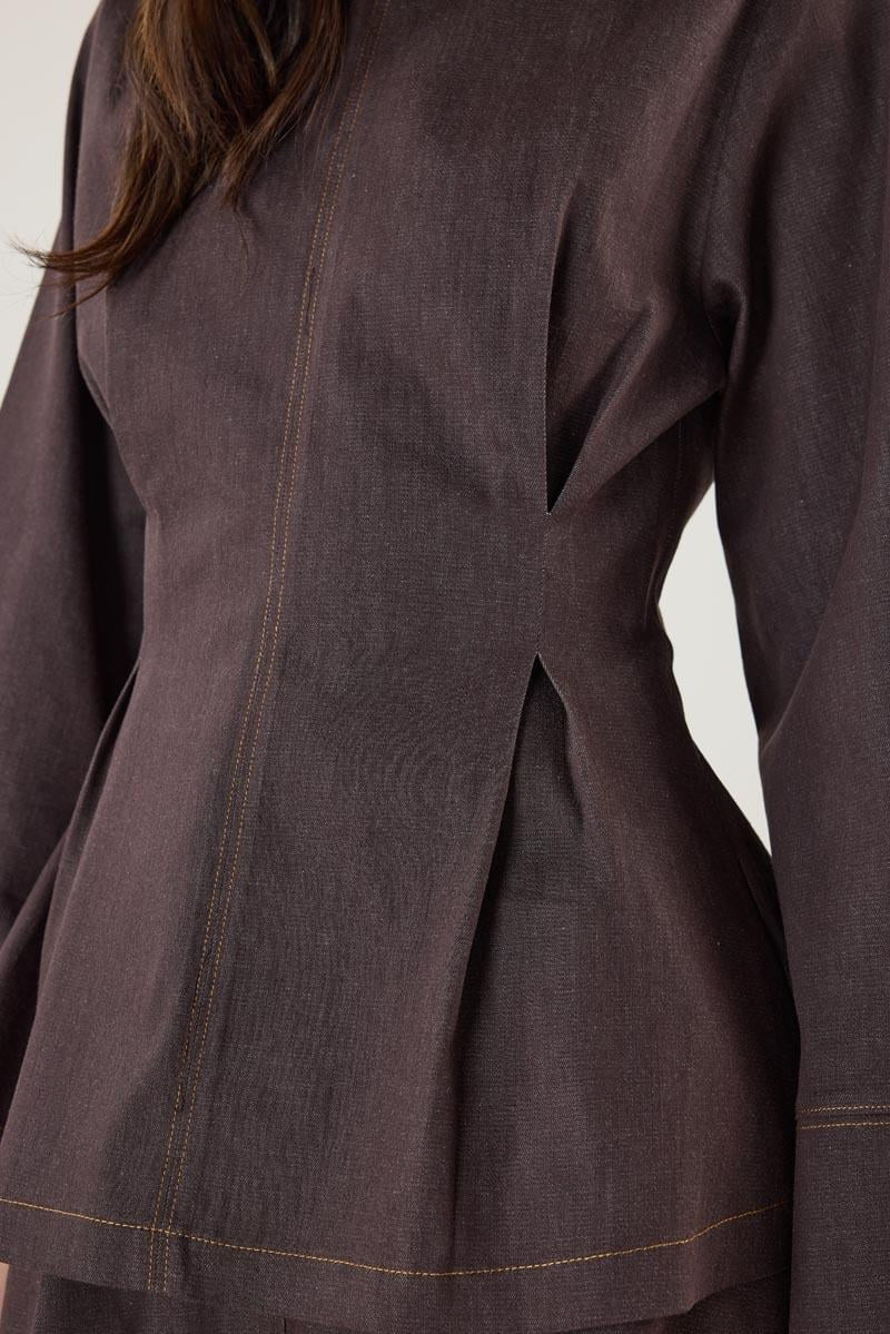 Brown Denim Blouse with Pleated Detail