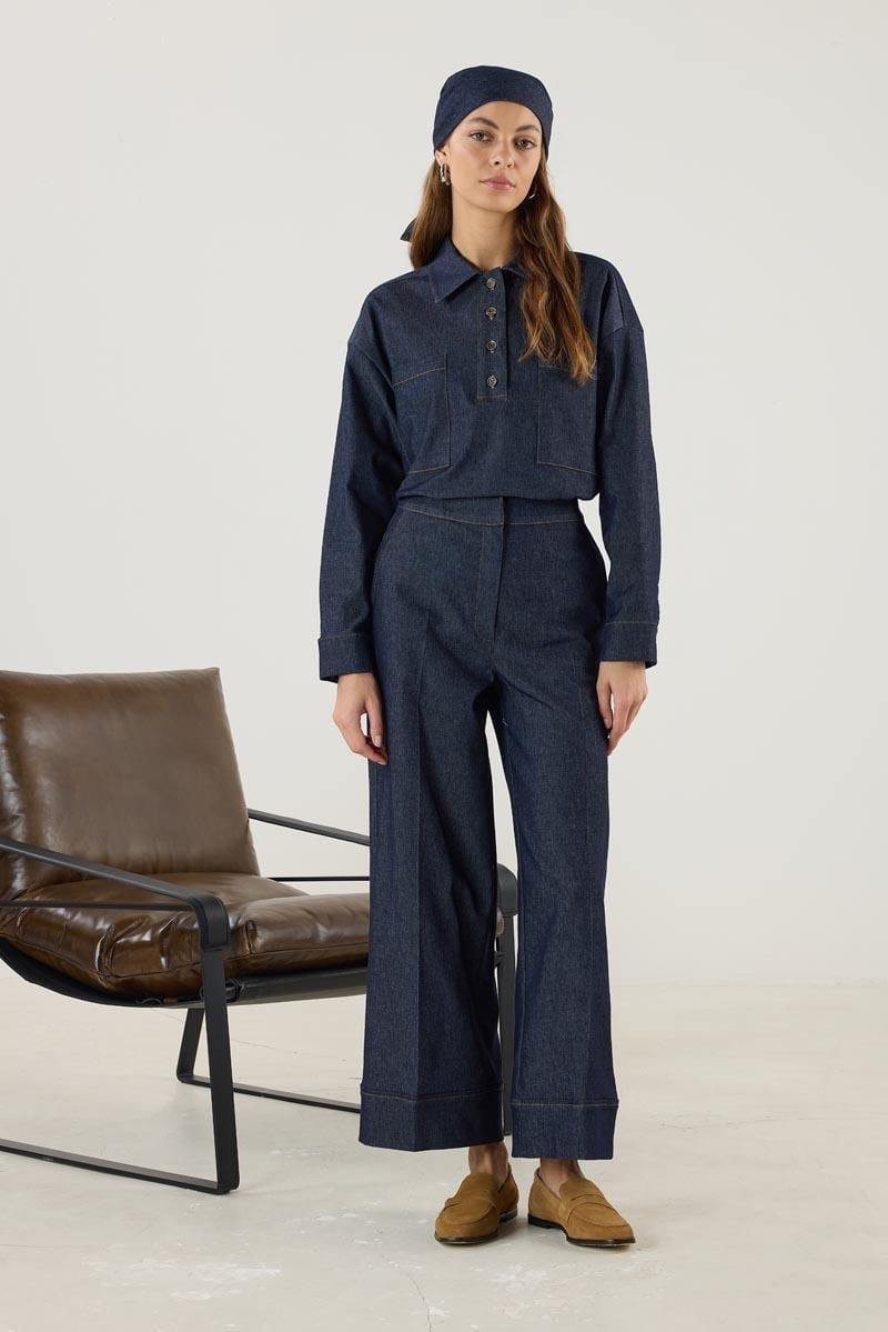 Dark Blue Denim Pants with Double Cuffed Hem