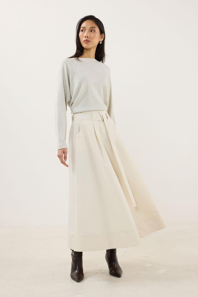 Cream Panel Hem Belted Skirt