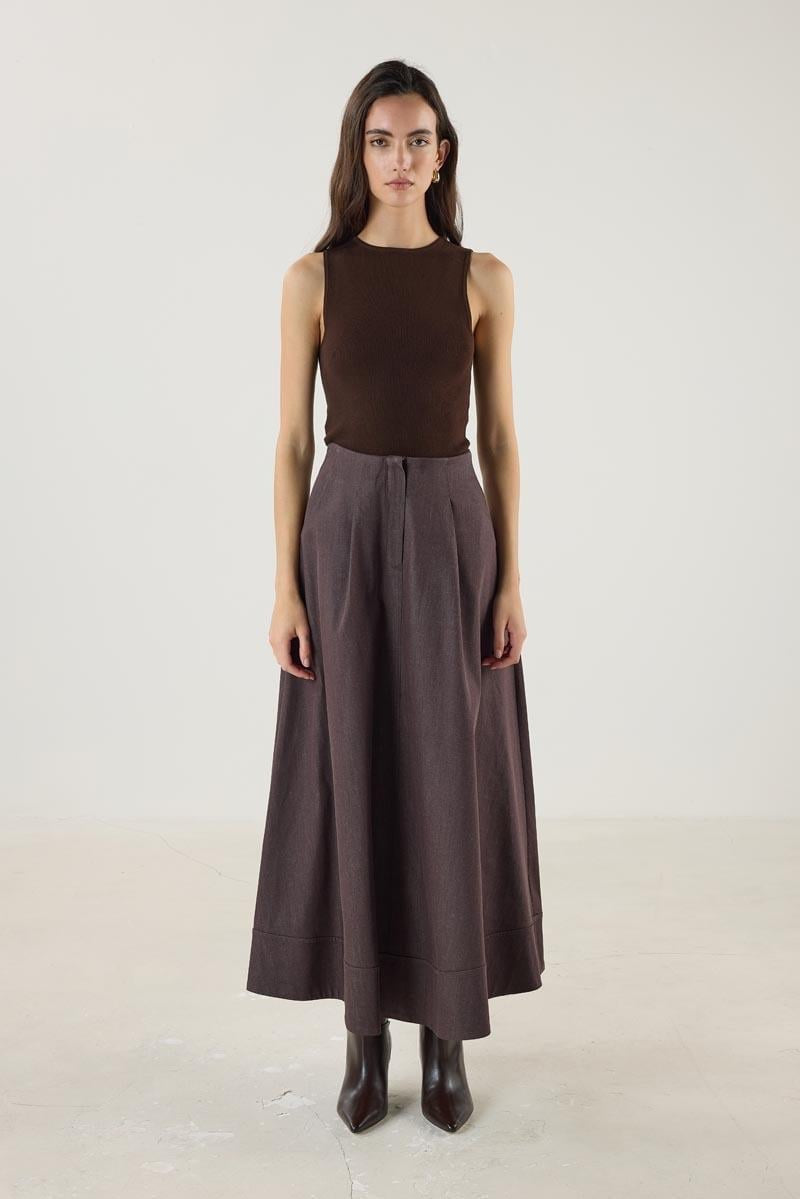 Brown Denim Skirt with Paneled Flared Hem