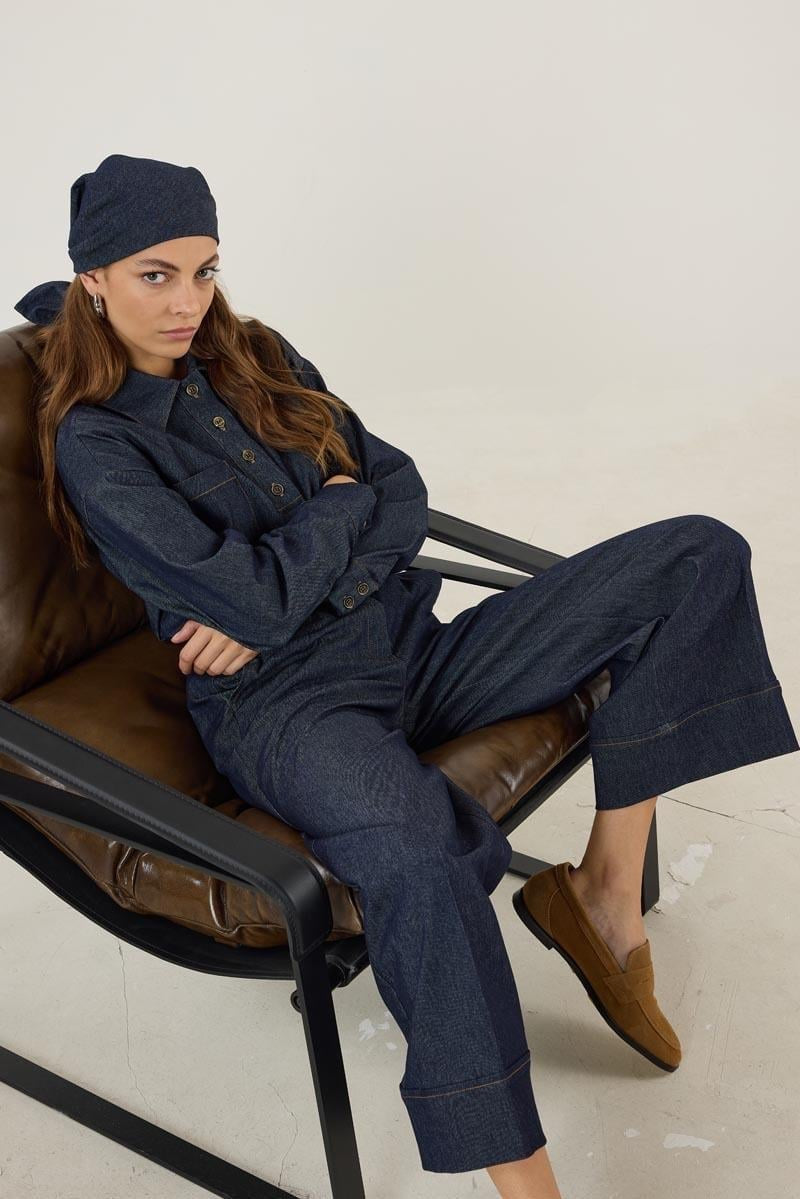 Dark Blue Denim Pants with Double Cuffed Hem