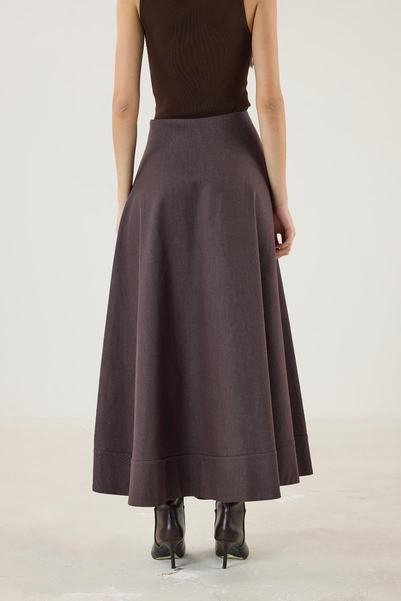 Brown Denim Skirt with Paneled Flared Hem