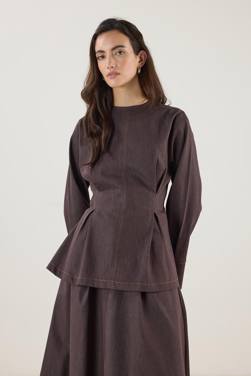 Brown Denim Blouse with Pleated Detail