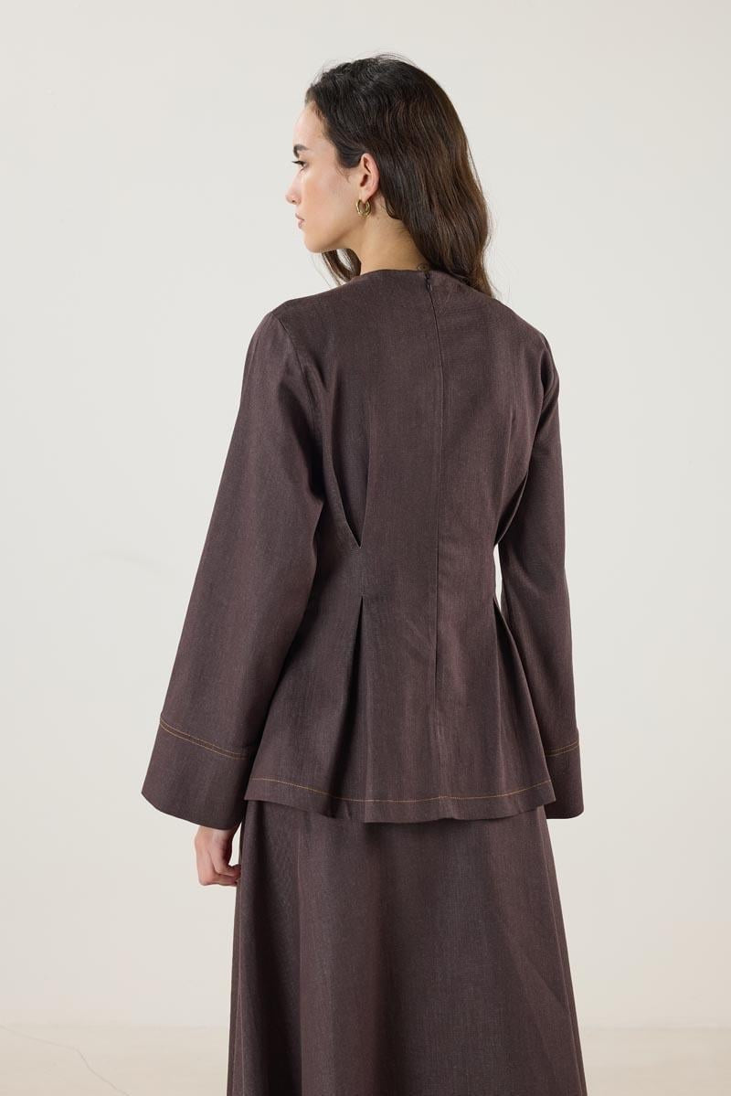 Brown Denim Blouse with Pleated Detail