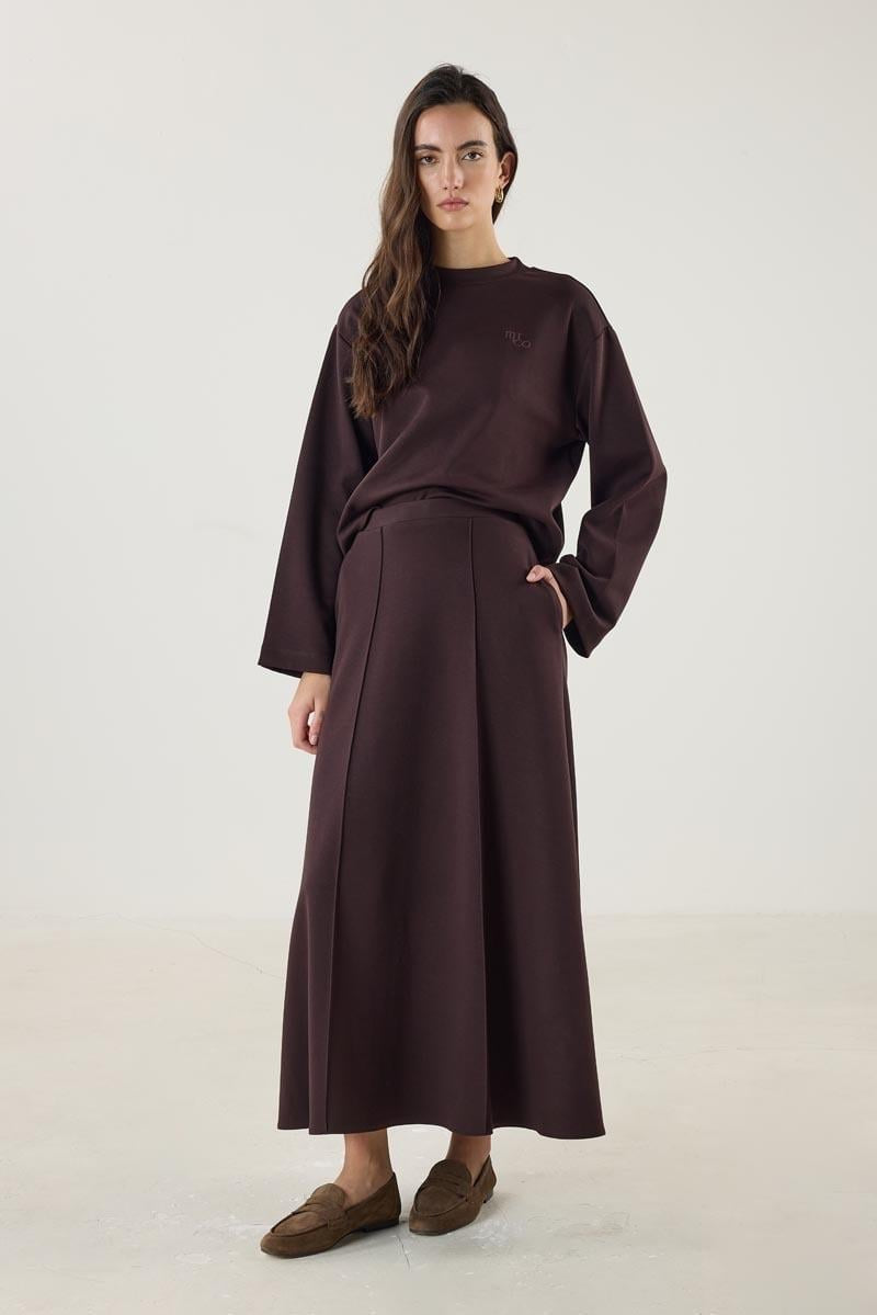 Dark Brown Flared Skirt with Stitch Detailing