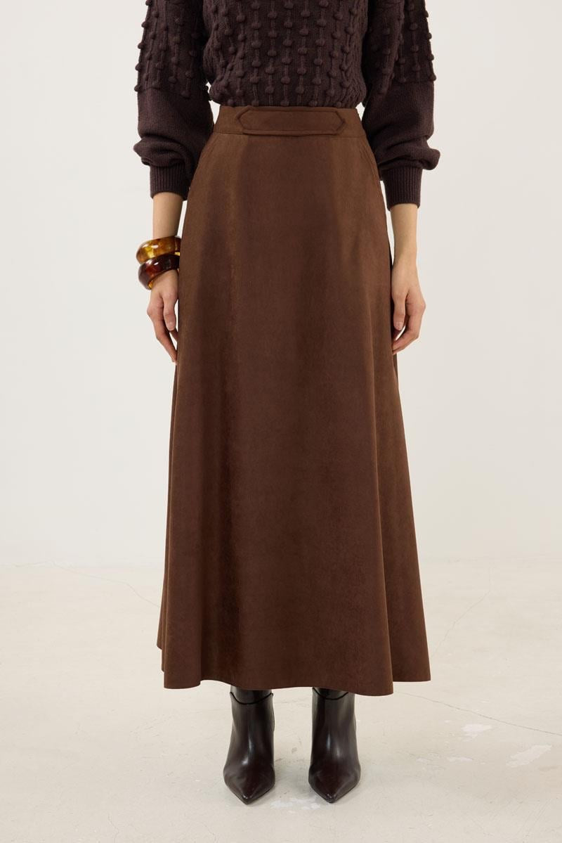 Dark Brown Suede Flared Skirt