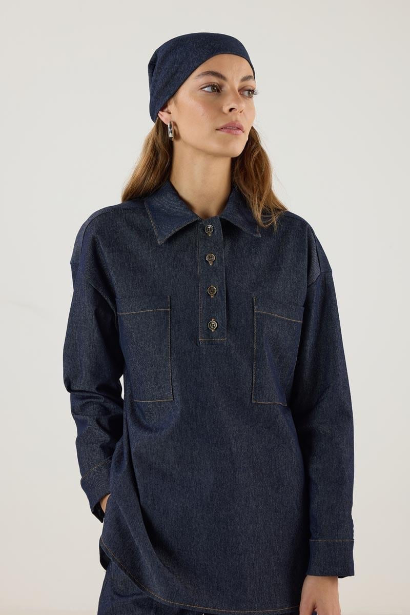 Dark Blue Denim Shirt with Pockets