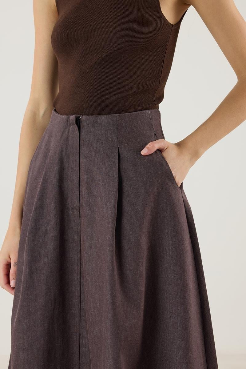 Brown Denim Skirt with Paneled Flared Hem