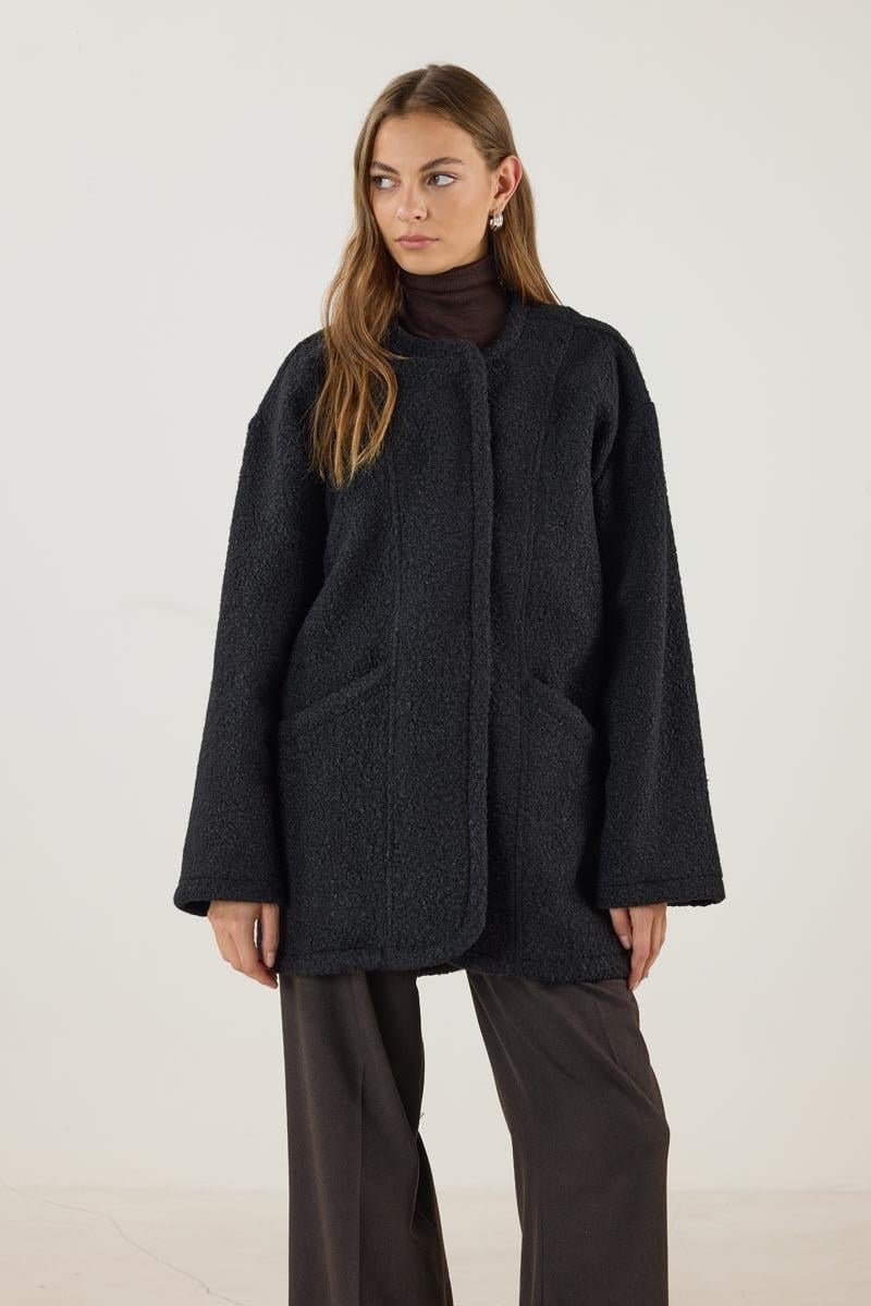 Black Bouclé Coat with Detachable Hood