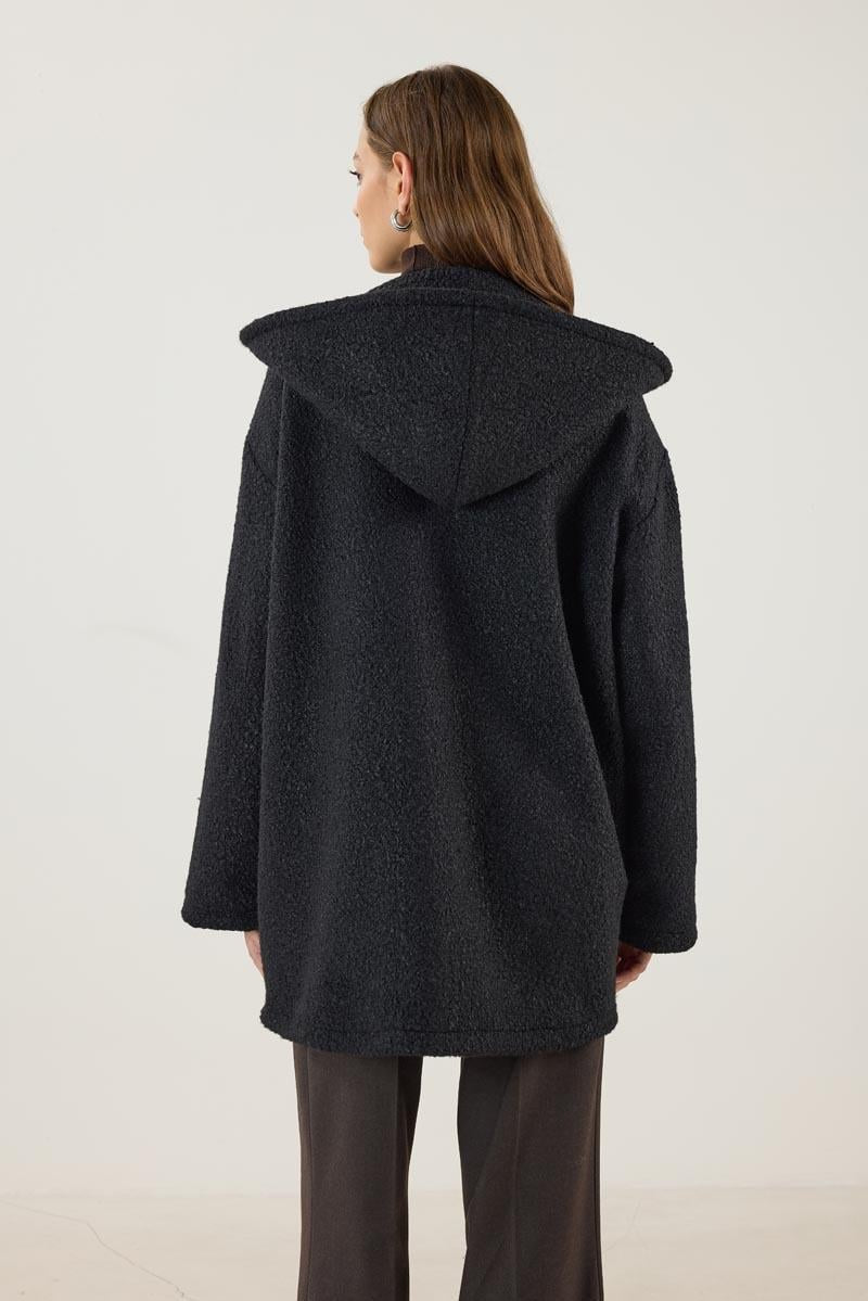 Black Bouclé Coat with Detachable Hood
