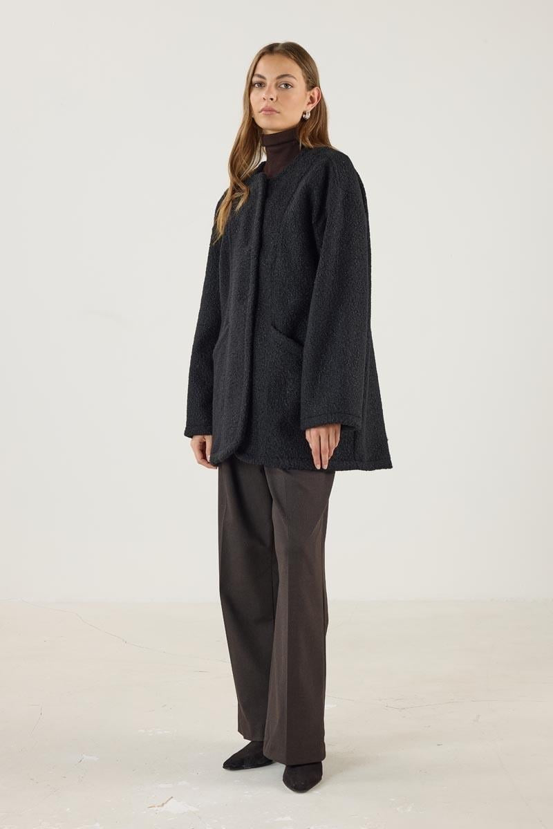 Black Bouclé Coat with Detachable Hood