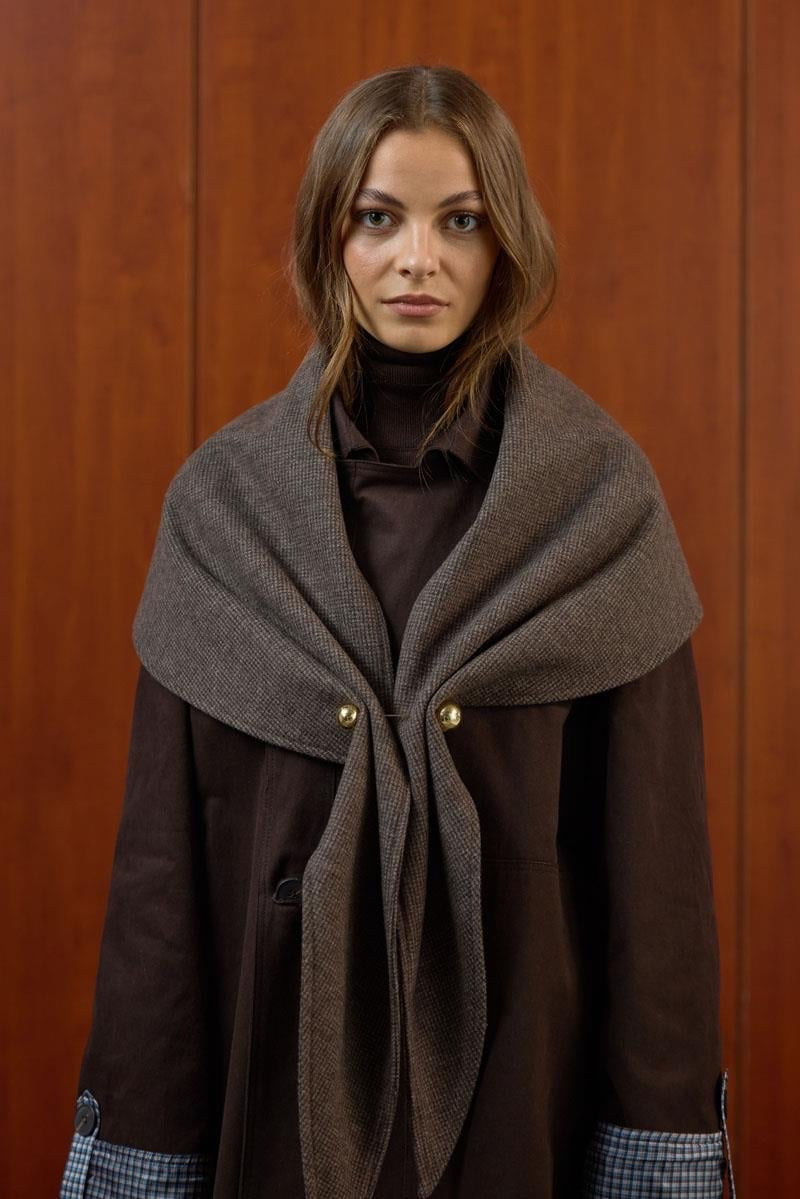 Brown Patterned Shawl Collar Scarf
