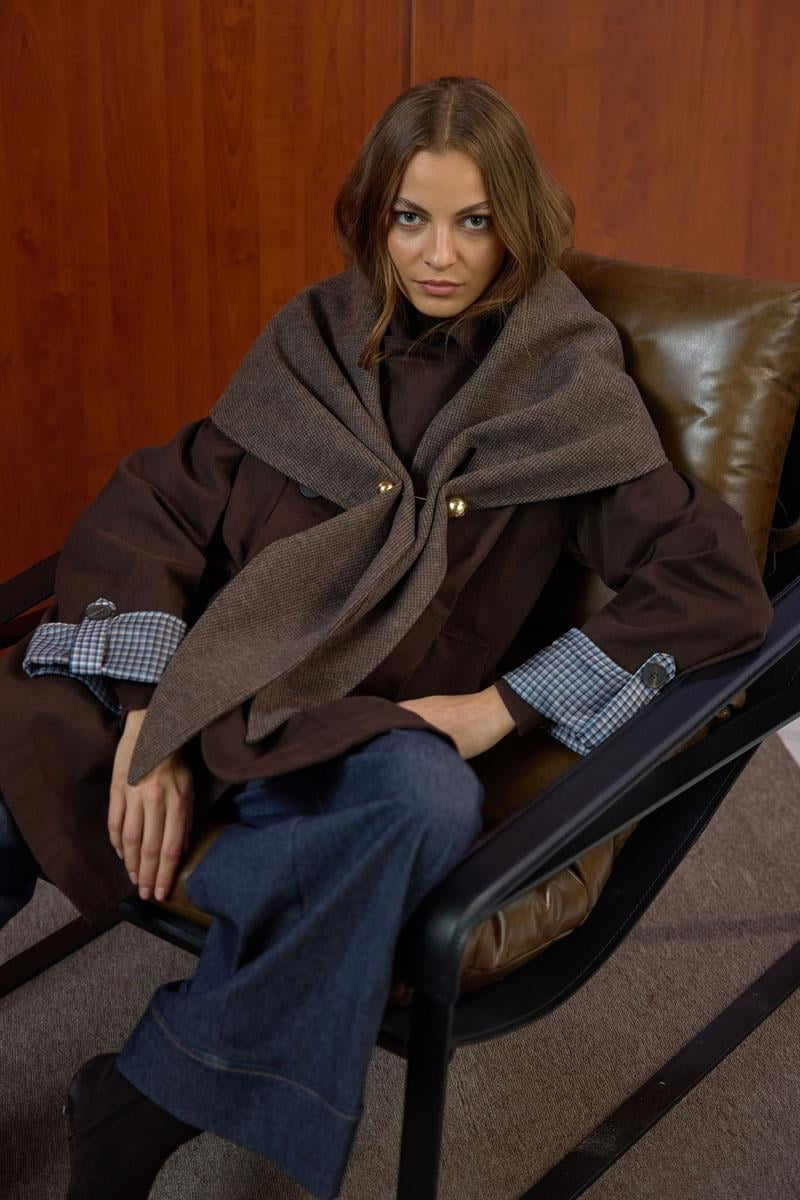 Brown Patterned Shawl Collar Scarf