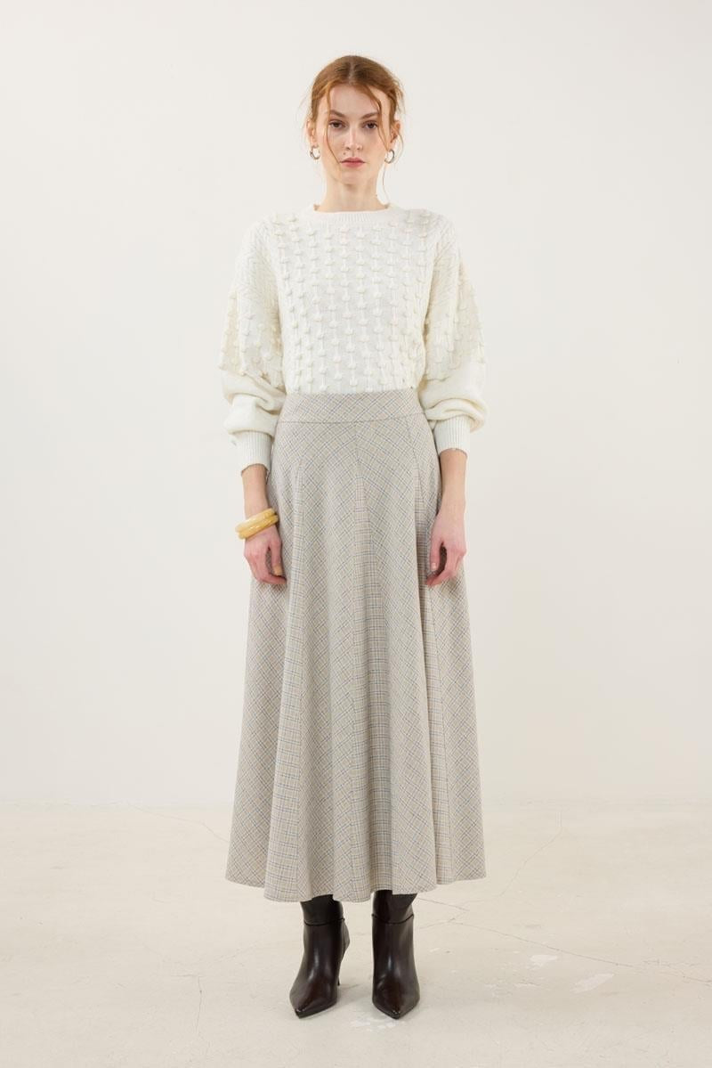 Beige Draped Plaid Skirt