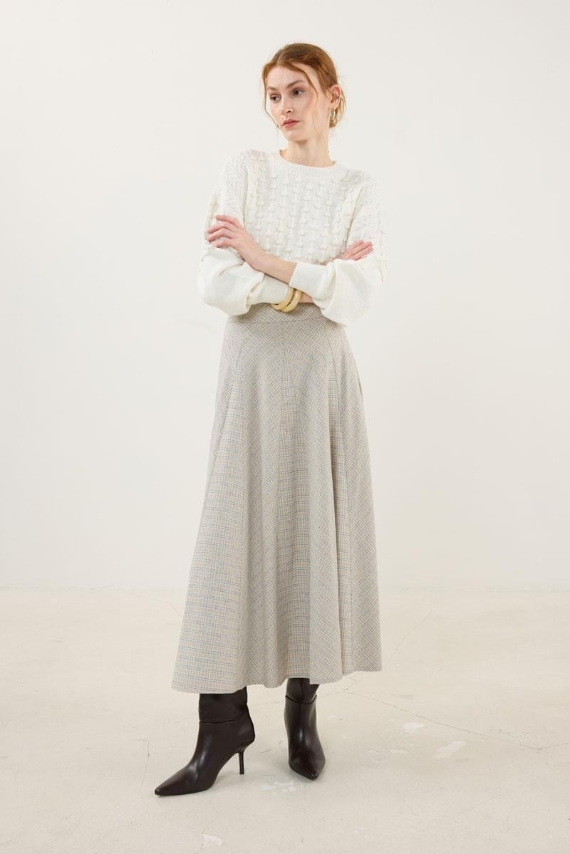 Beige Draped Plaid Skirt