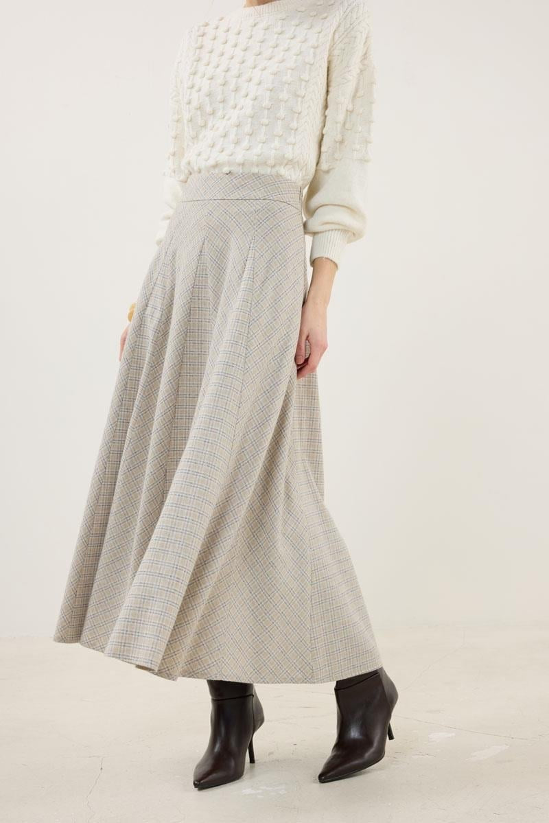 Beige Draped Plaid Skirt