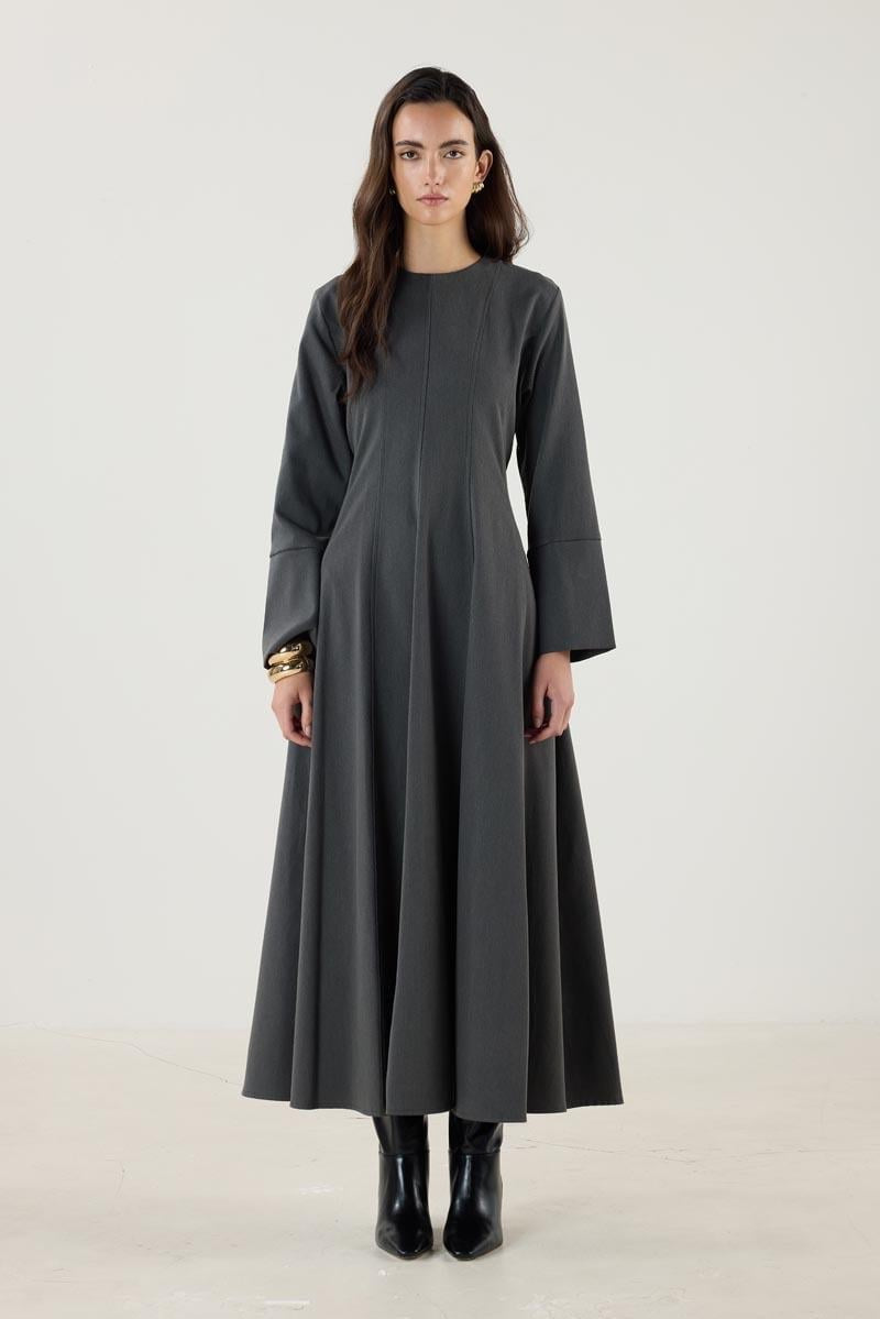 Anthracite Flared Dress with Wide Cuffs