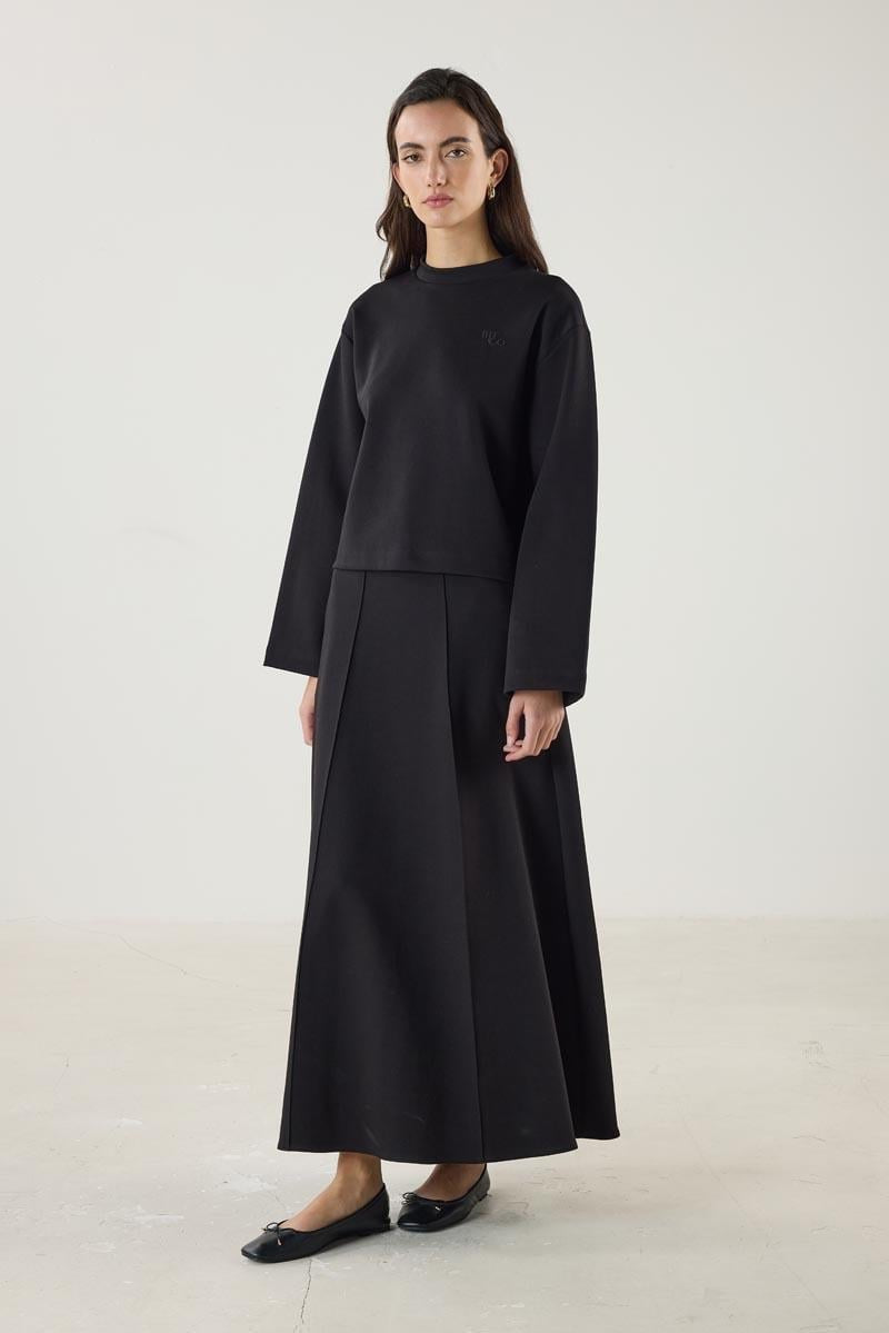 Black Flared Skirt with Stitch Detailing