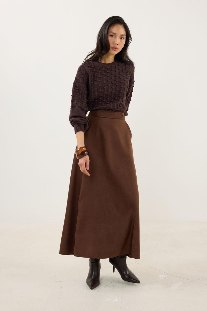 Dark Brown Suede Flared Skirt