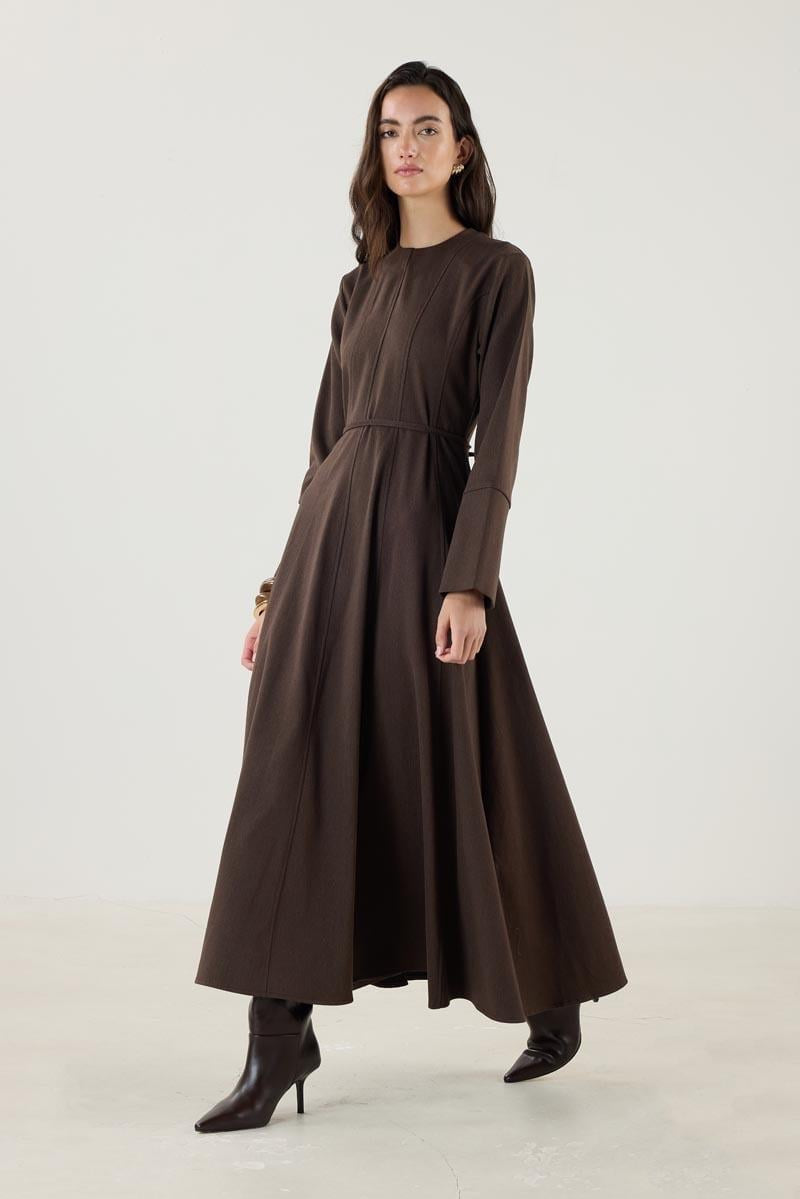Dark Brown Flared Dress with Wide Cuffs