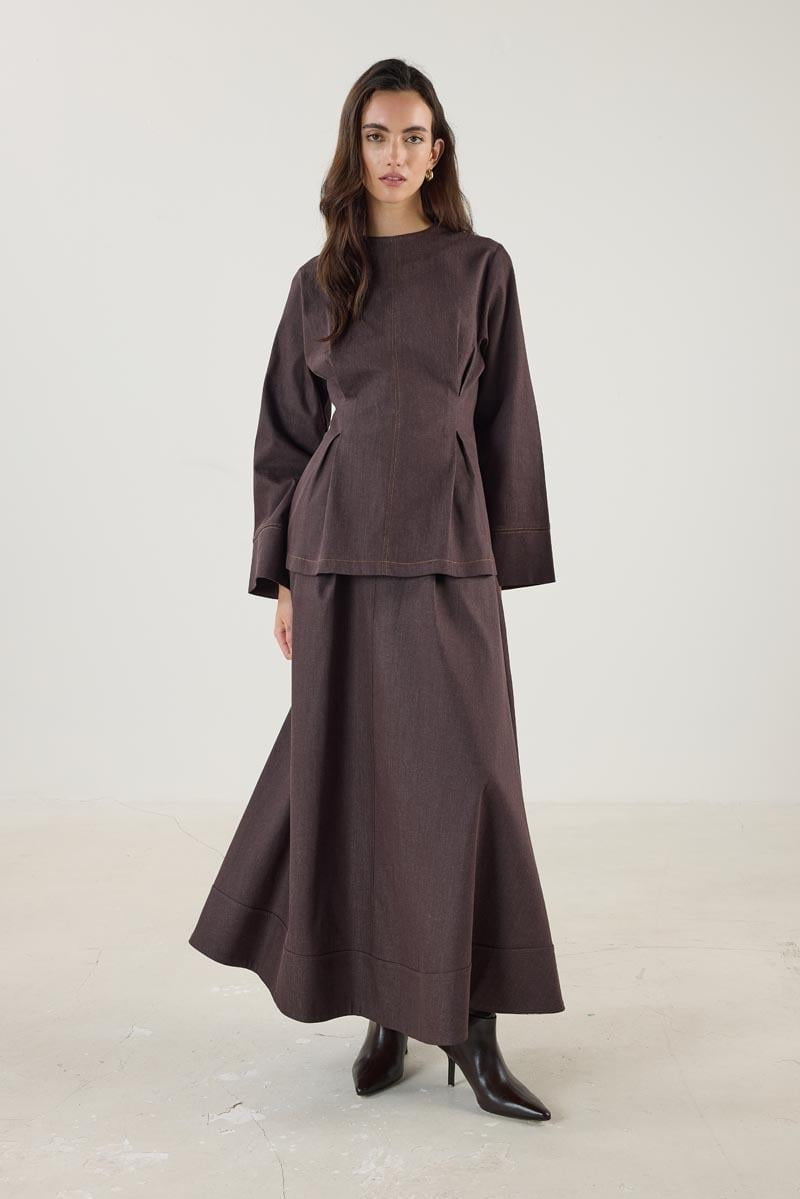 Brown Denim Blouse with Pleated Detail