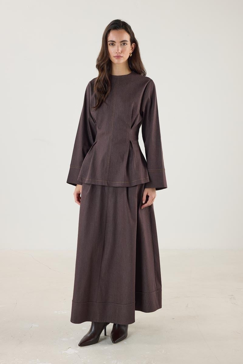 Brown Denim Blouse with Pleated Detail