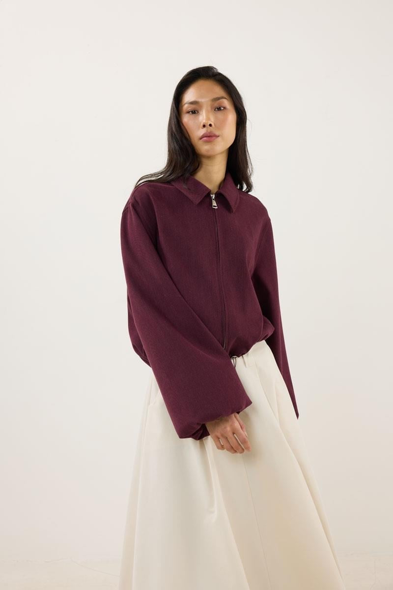Burgundy Zippered Bomber Jacket