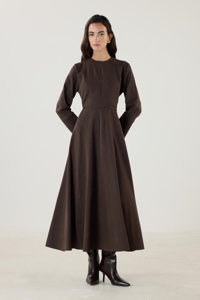 Dark Brown Flared Dress with Wide Cuffs