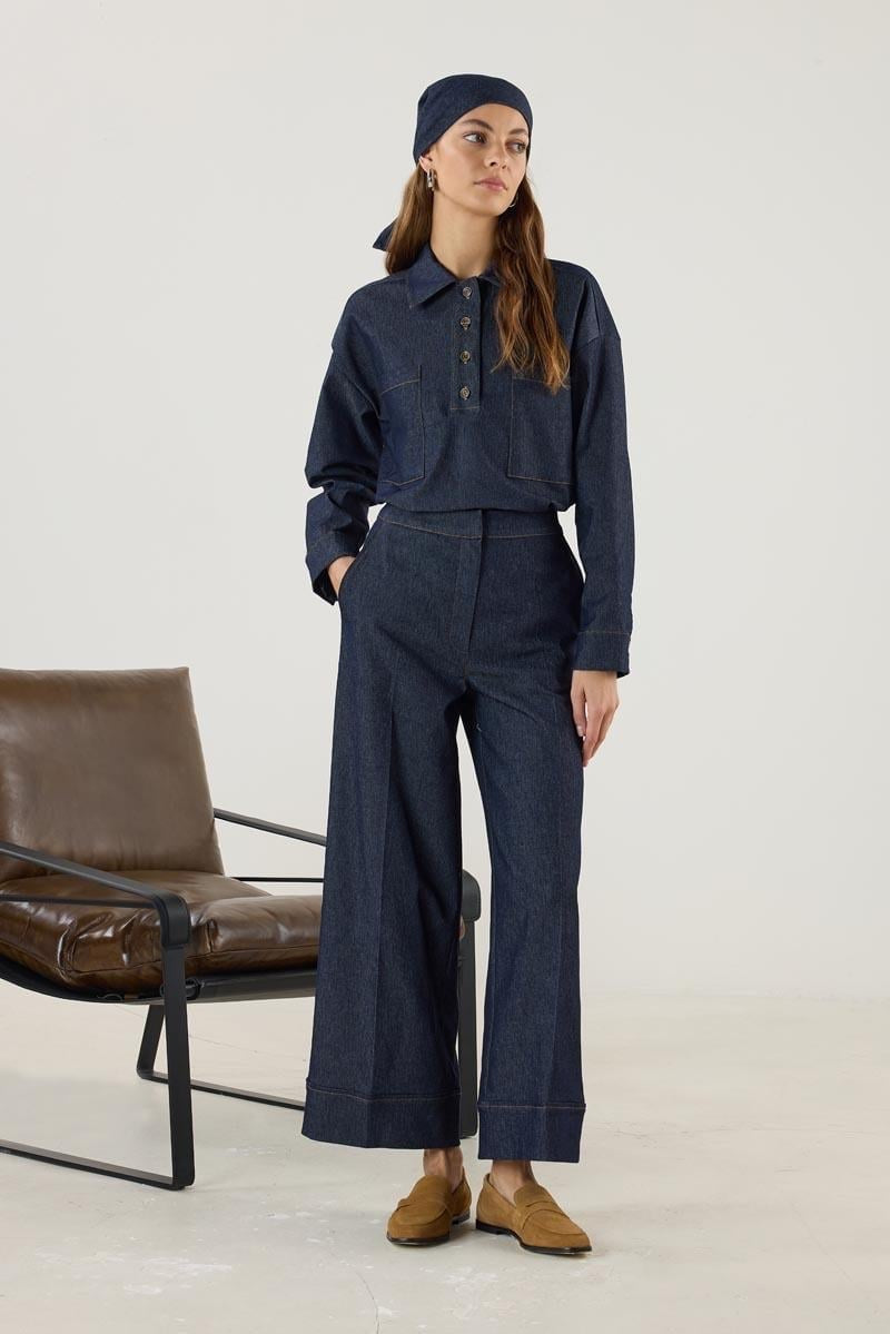 Dark Blue Denim Pants with Double Cuffed Hem
