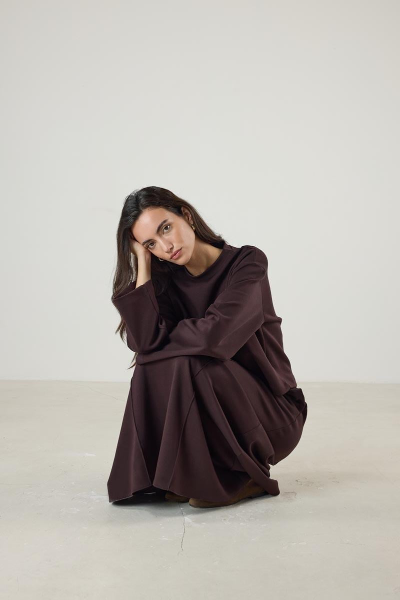 Dark Brown Flared Skirt with Stitch Detailing