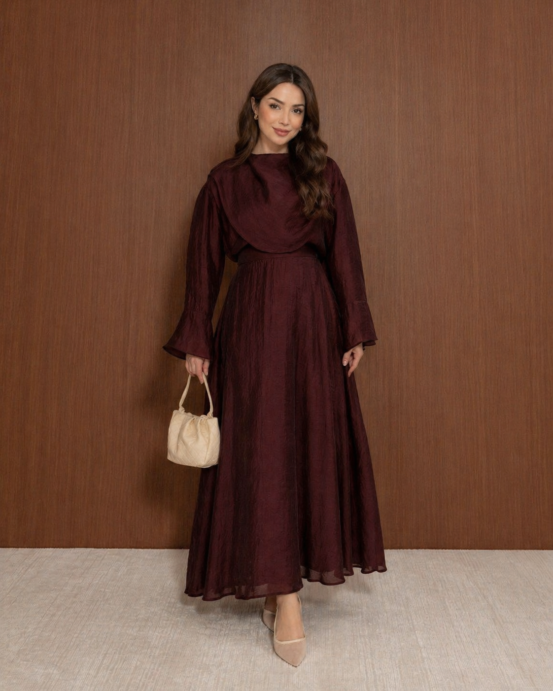 Cape Detail Skirt Set Burgundy