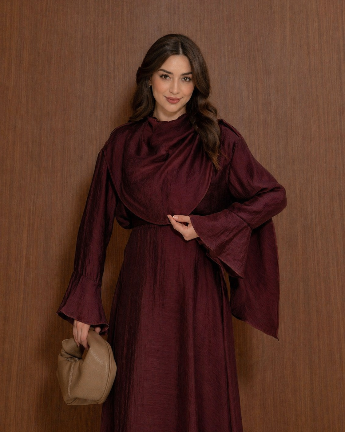 Cape Detail Skirt Set Burgundy