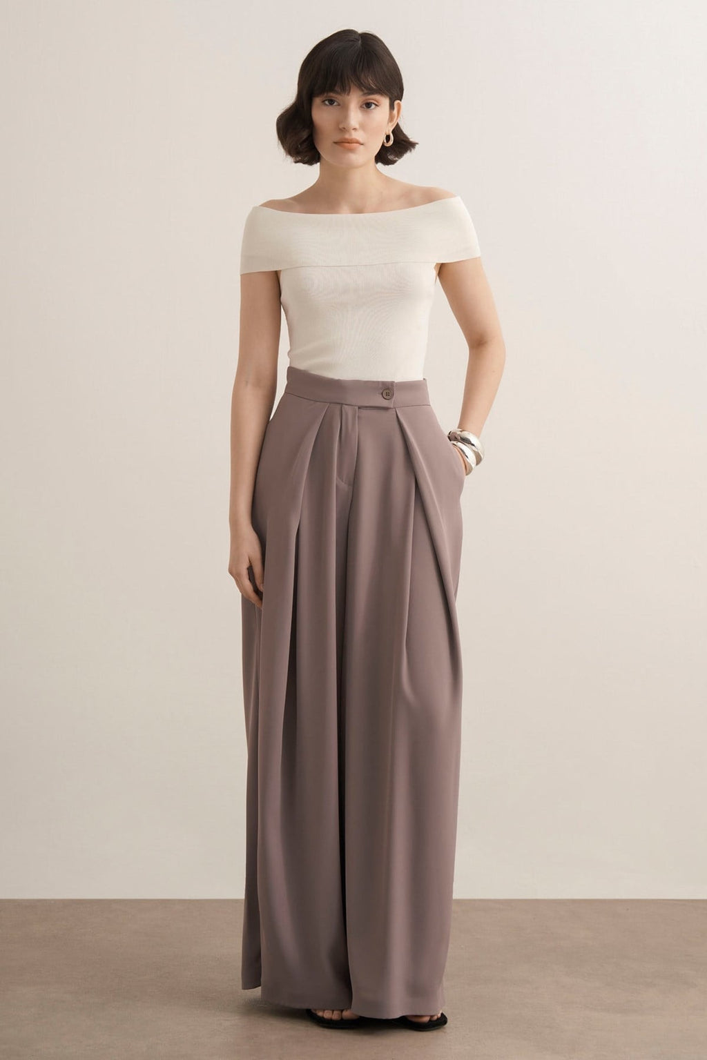 Leona Ruffle Wide Leg Pants Cool Mink