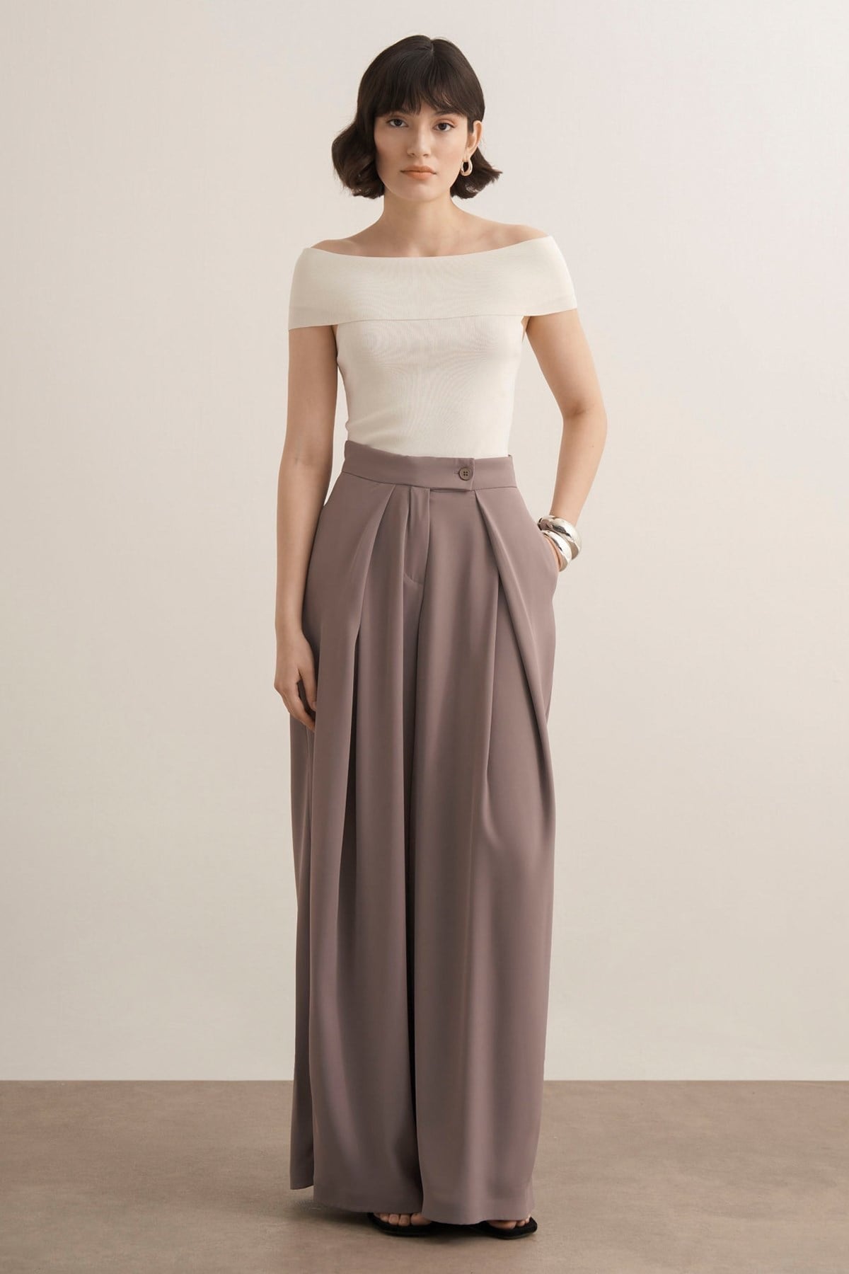 Leona Ruffle Wide Leg Pants Cool Mink