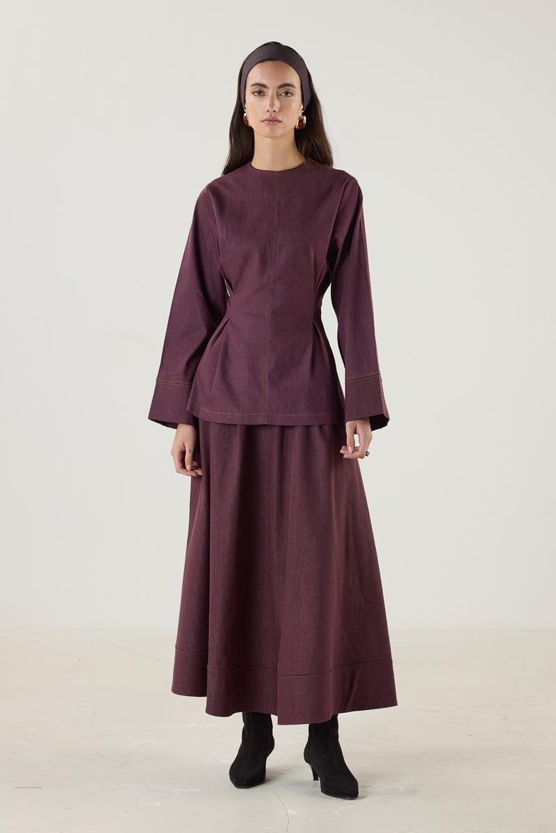 Burgundy Denim Blouse with Pleated Detail