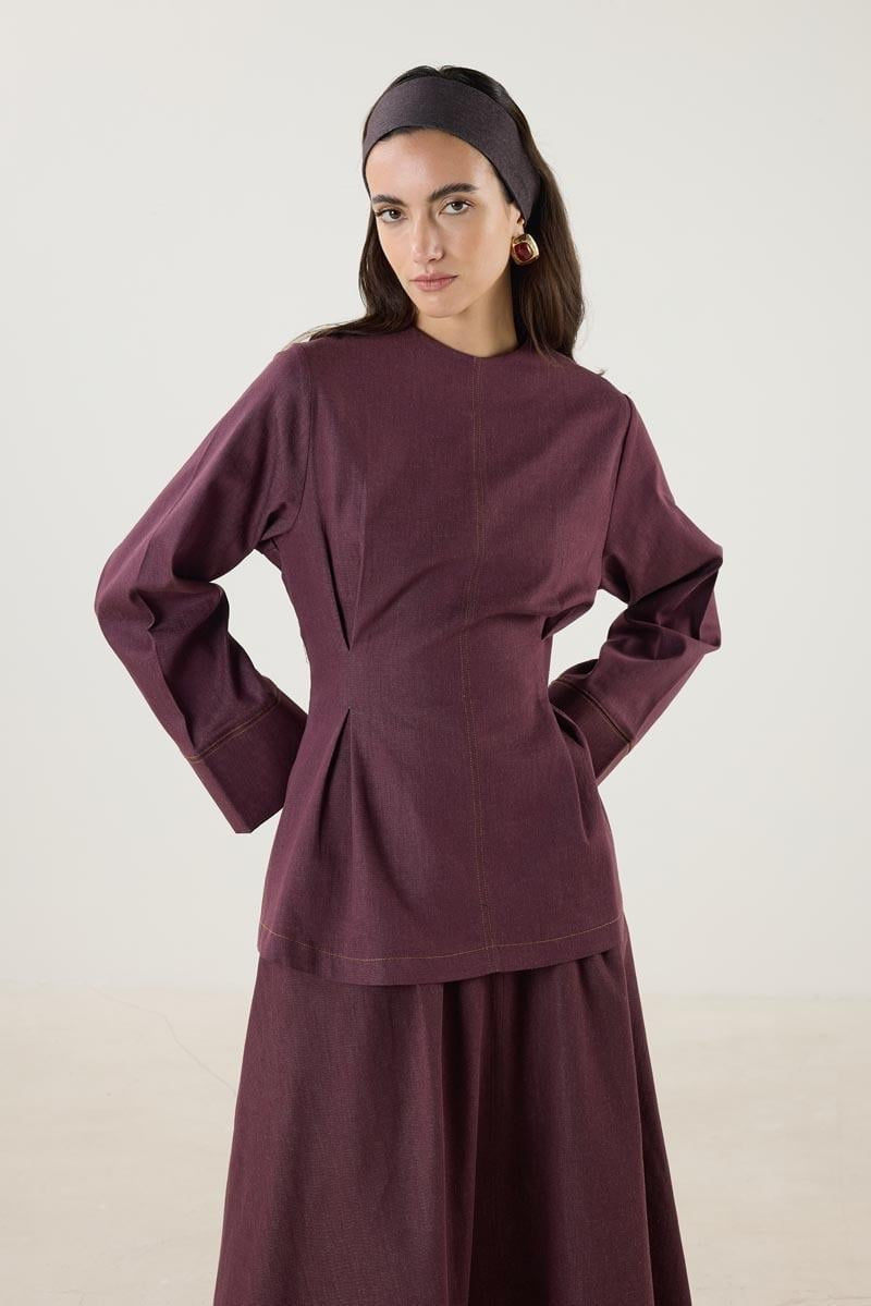 Burgundy Denim Blouse with Pleated Detail