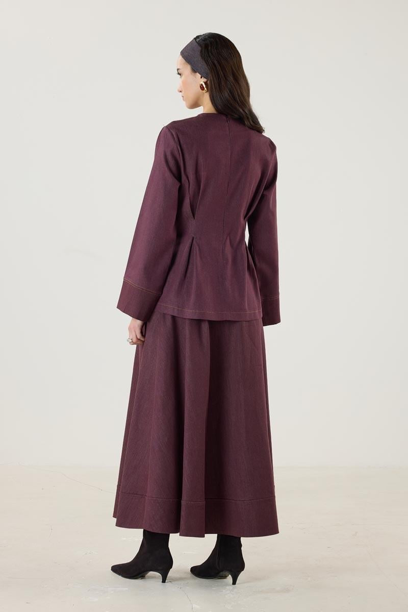 Burgundy Denim Blouse with Pleated Detail