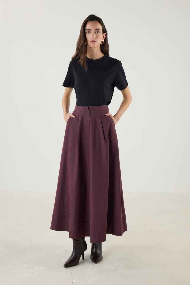 Burgundy Denim Skirt with Paneled Flared Hem