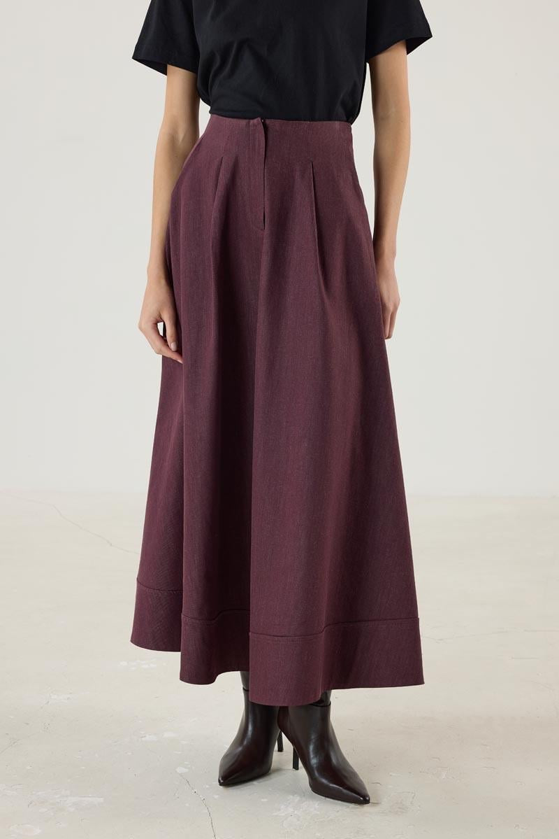 Burgundy Denim Skirt with Paneled Flared Hem