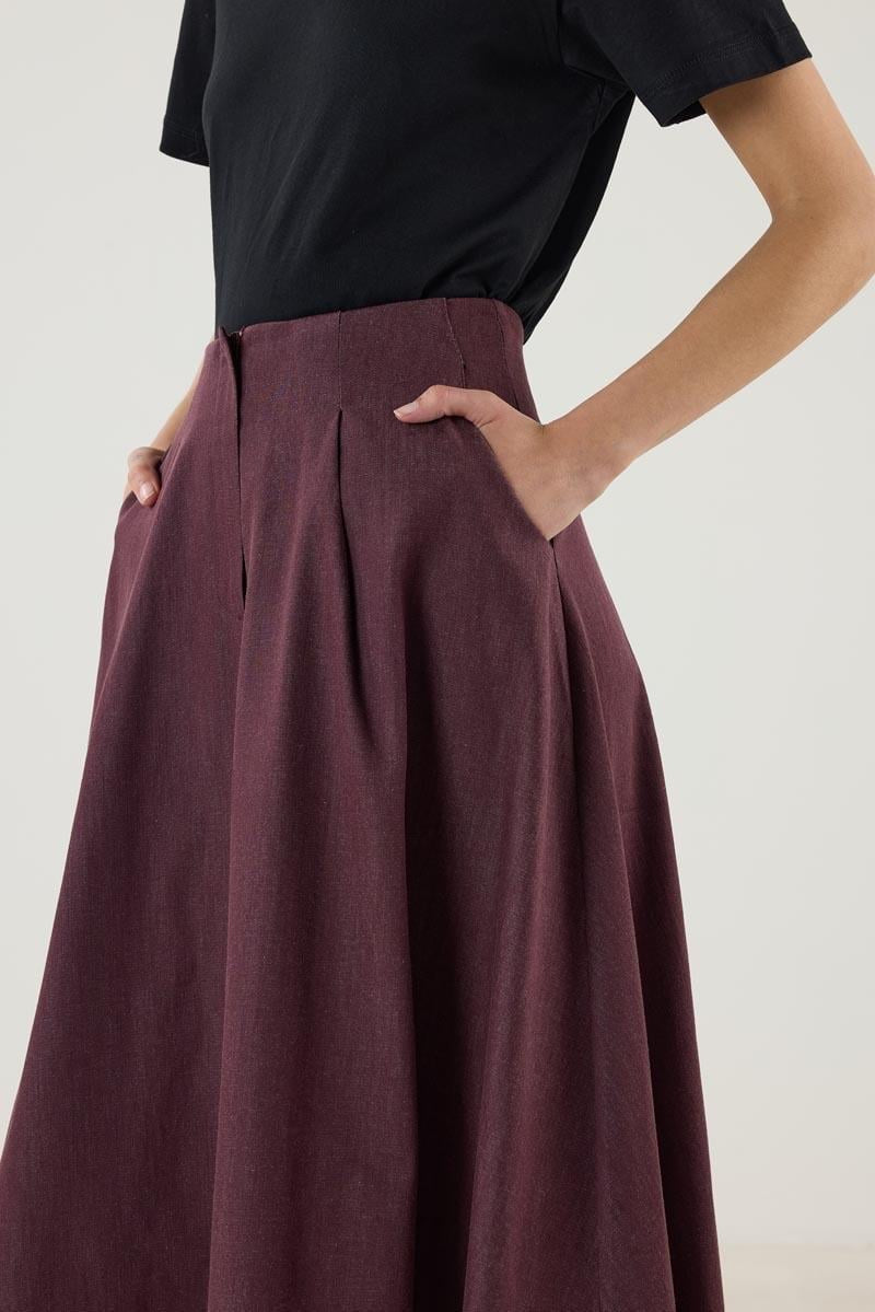 Burgundy Denim Skirt with Paneled Flared Hem